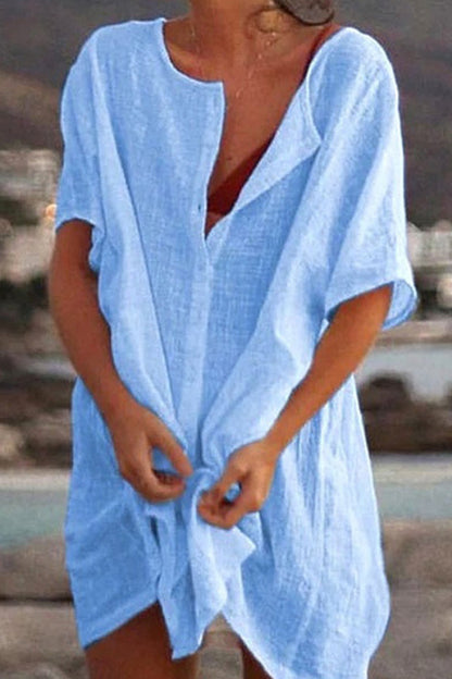 Vestido camisero holgado de manga corta de color liso para playa, ropa de protección solar 