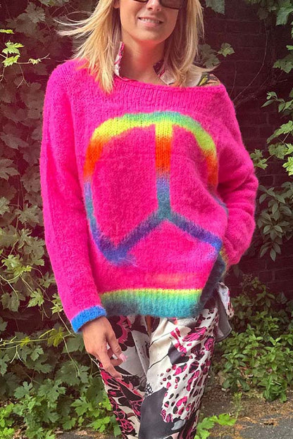 Suéter holgado con estampado de arcoíris de amor y paz 