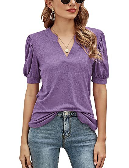 Camiseta holgada informal de verano con cuello en V y mangas abullonadas de color liso para mujer