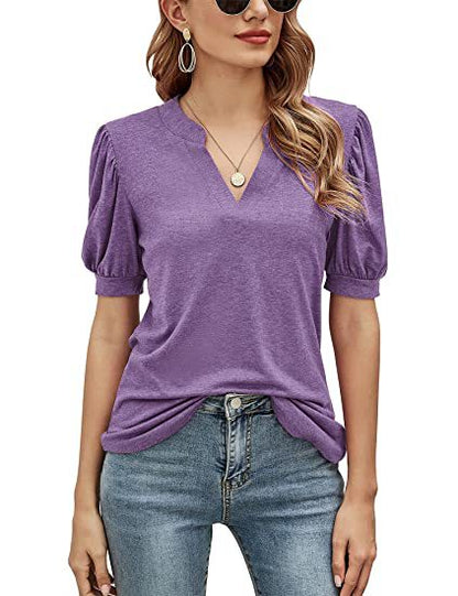 Camiseta holgada informal de verano con cuello en V y mangas abullonadas de color liso para mujer