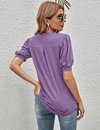 Camiseta holgada informal de verano con cuello en V y mangas abullonadas de color liso para mujer