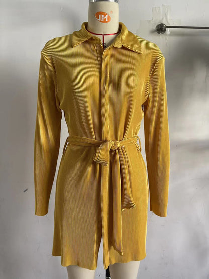 Vestido camisero plisado de un solo pecho en color liso para primavera y verano
