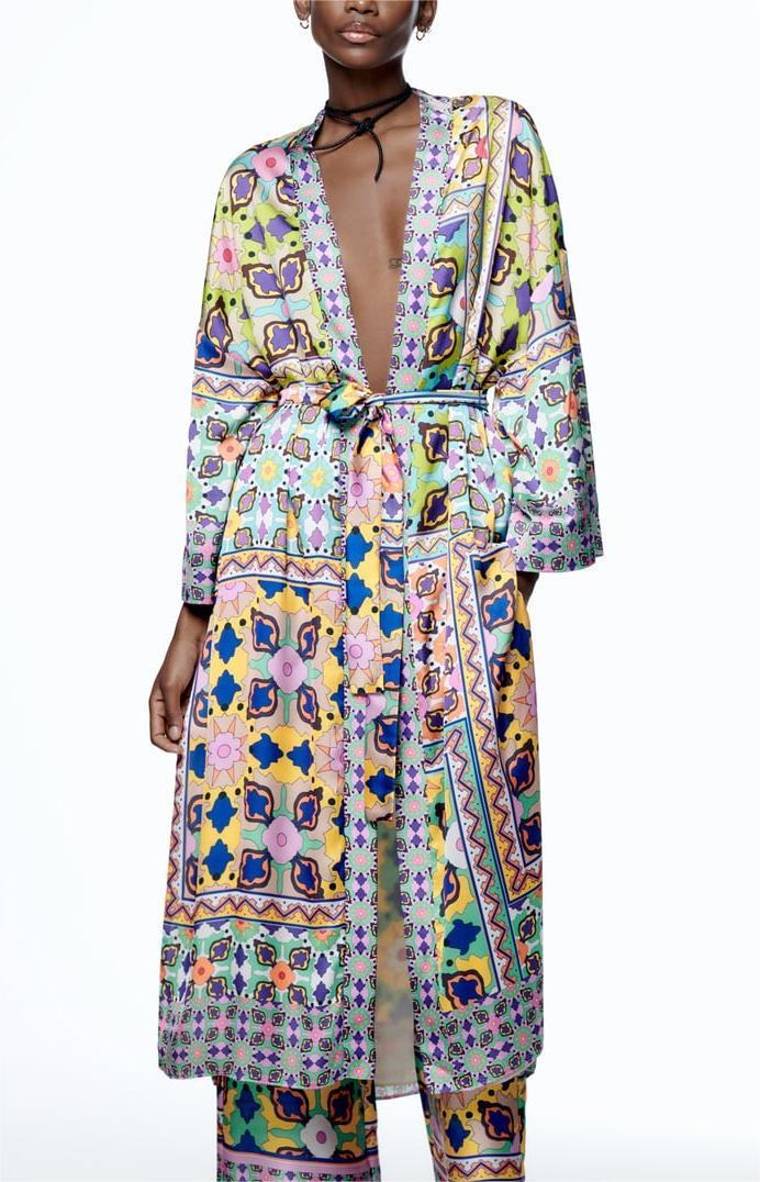 Vestido kimono estampado con cinturón para mujer, ropa informal de verano