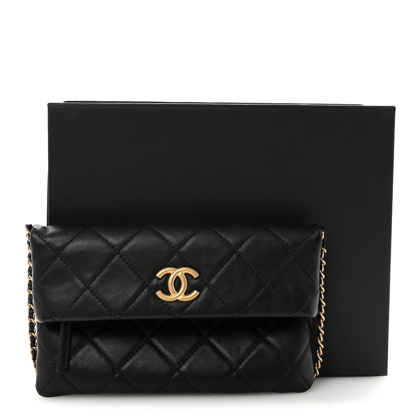 Calfskin Quilted Fold Over Clutch Black
