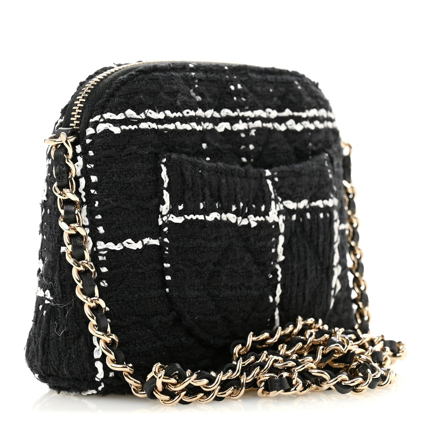 Tweed Quilted Mini Clutch With Chain  Black White