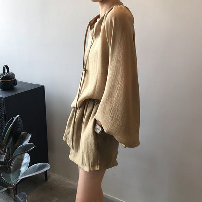 Camisa de manga larga de verano para mujer, pantalones cortos de pierna ancha