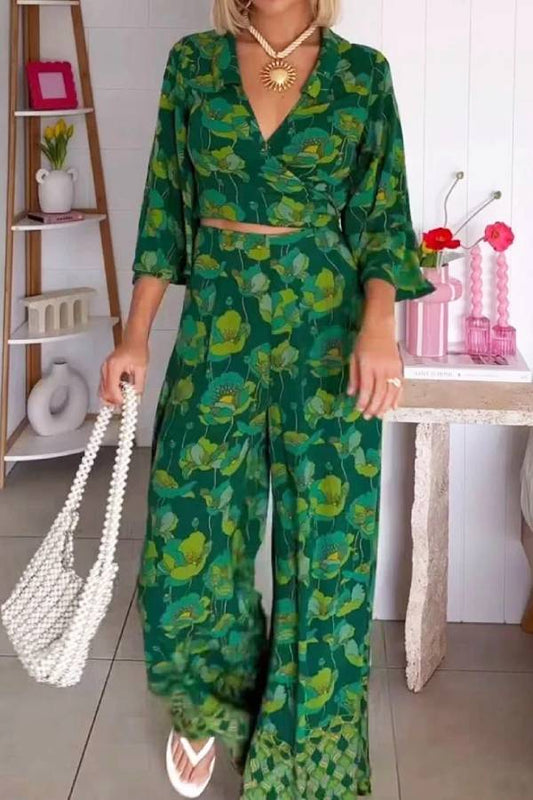 Conjunto informal de dos piezas con cuello en V, top y pantalón con cordones