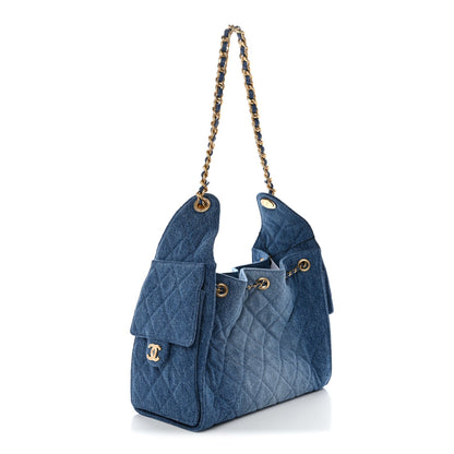 Washed Denim Quilted Small Chanel 25 Handbag Blue