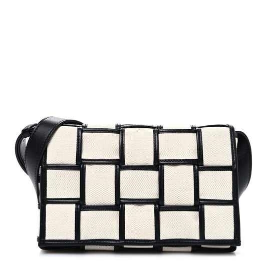 Canvas Intrecciato Padded Cassette Crossbody Bag Natural Black