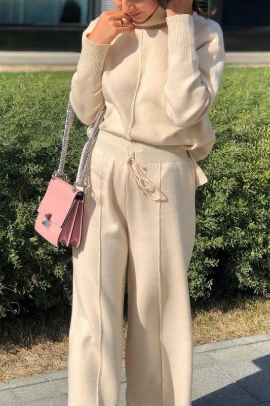 Trajes casuales de dos piezas con pantalones anchos de punto y cuello alto