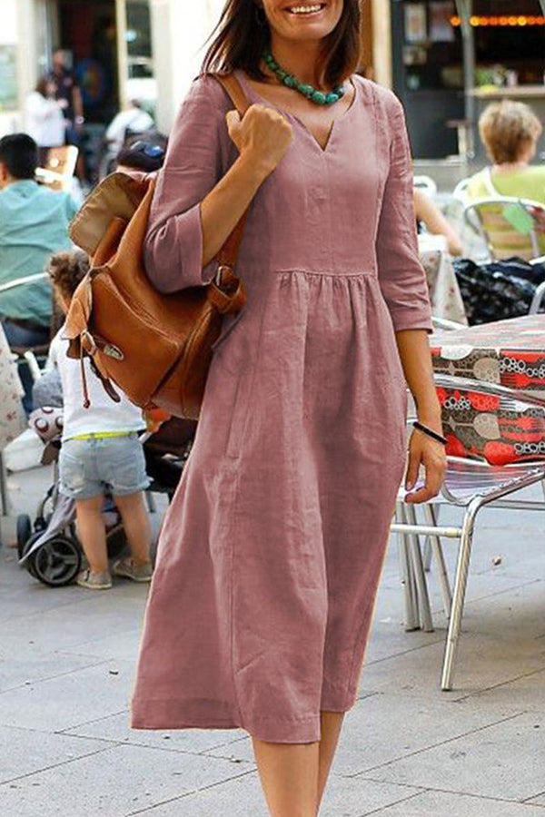 Vestidos casuales sencillos de color liso con escote en V y falda de un solo paso