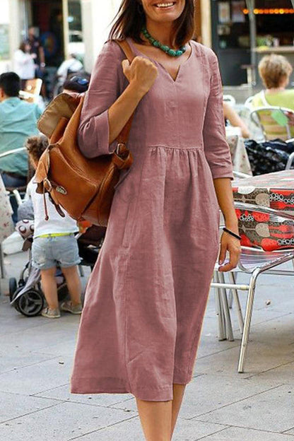 Vestidos casuales sencillos de color liso con escote en V y falda de un solo paso