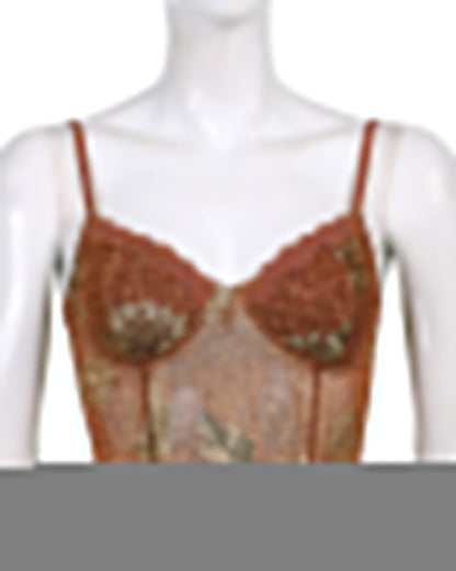Retro Mesh Strappy Lace Print Halter Top
