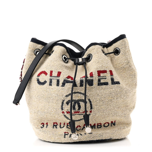 Striped Canvas Deauville Drawstring Bag Beige