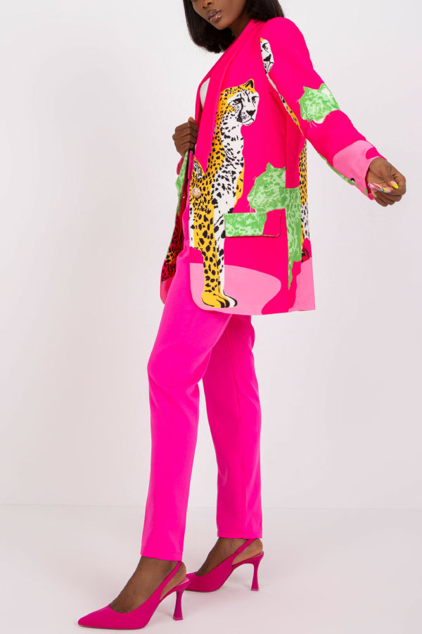 Blazer largo ajustado con contraste y estampado de leopardo