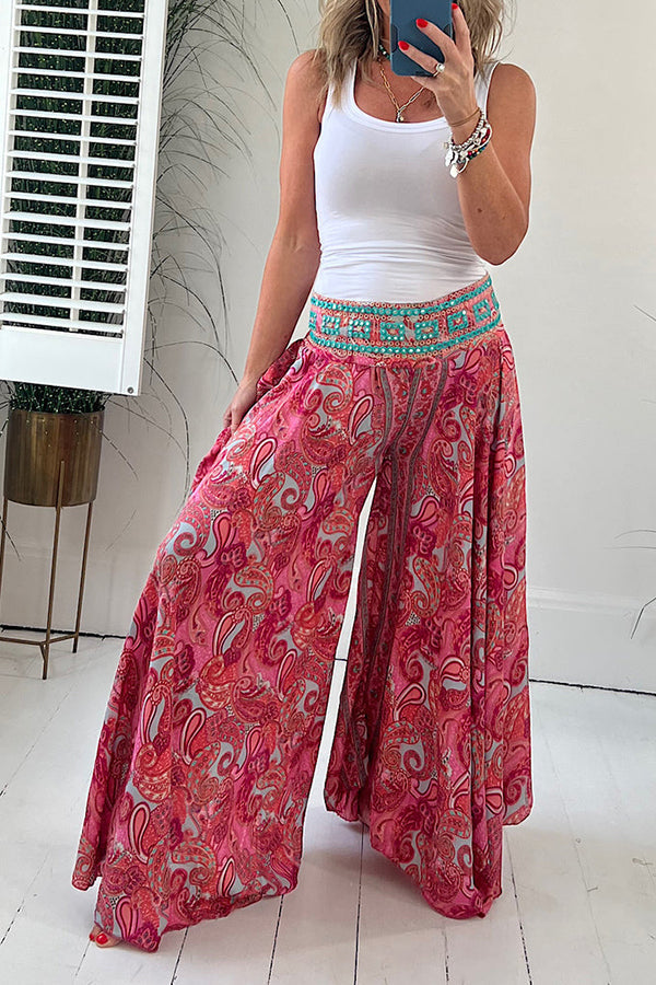 Pantalones ligeros con cintura elástica y estampado paisley étnico