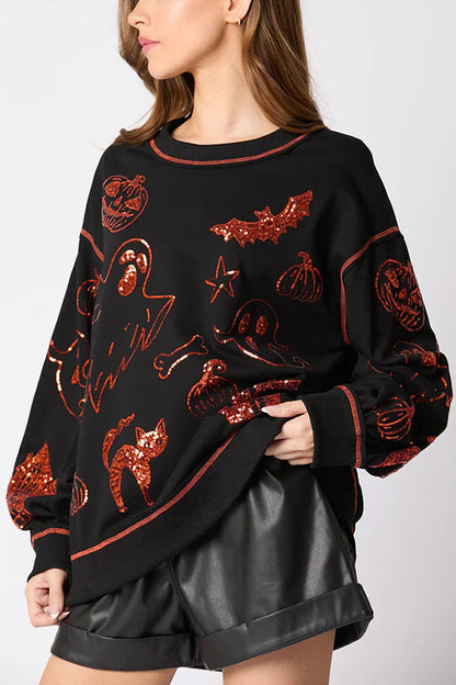 Sudadera informal holgada con lentejuelas y grafiti de Halloween 