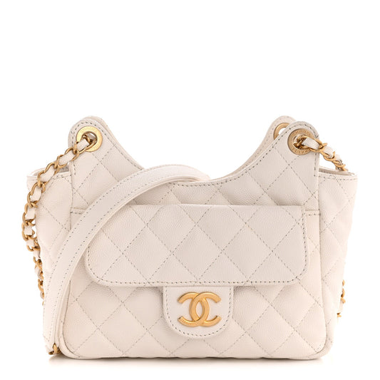 Caviar Quilted Small Wavy CC Hobo White