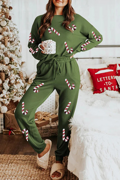 Conjunto informal de dos piezas con cuello redondo, manga larga y lentejuelas, con cordones y árbol de Navidad de Papá Noel para fiesta
