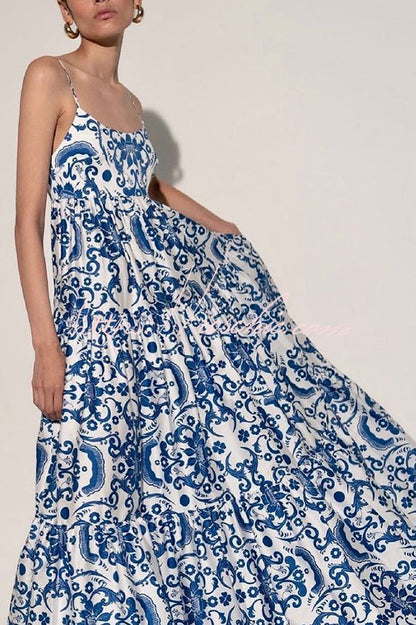Botanical Floral Print Sexy Sling Backless Maxi Dress