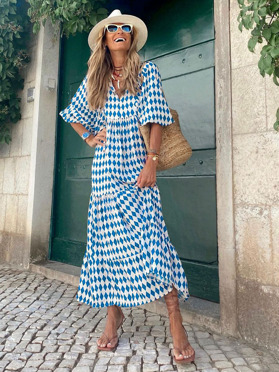 Jewel Neck Maxi Dress 3/4 Length Sleeves Casual Floral Print Long Dress