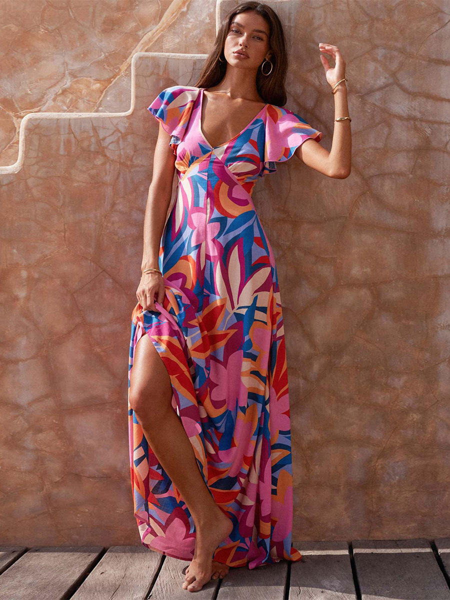 Printed Dress V-Neck Cap Sleeves Boho-Inspired Casual Summer Maxi Dresses