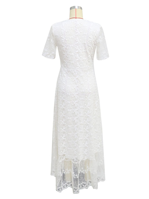 Maxi Dress V Neck Short Sleeves Lace Casual White Boho Dresses