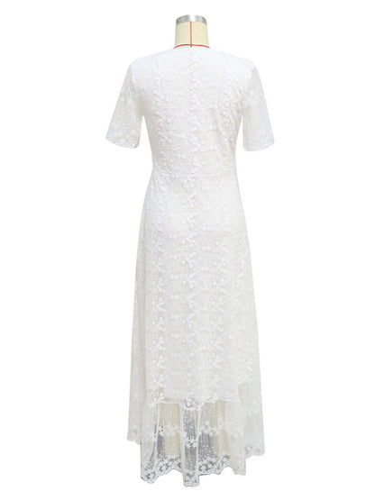 Maxi Dress V Neck Short Sleeves Lace Casual White Boho Dresses