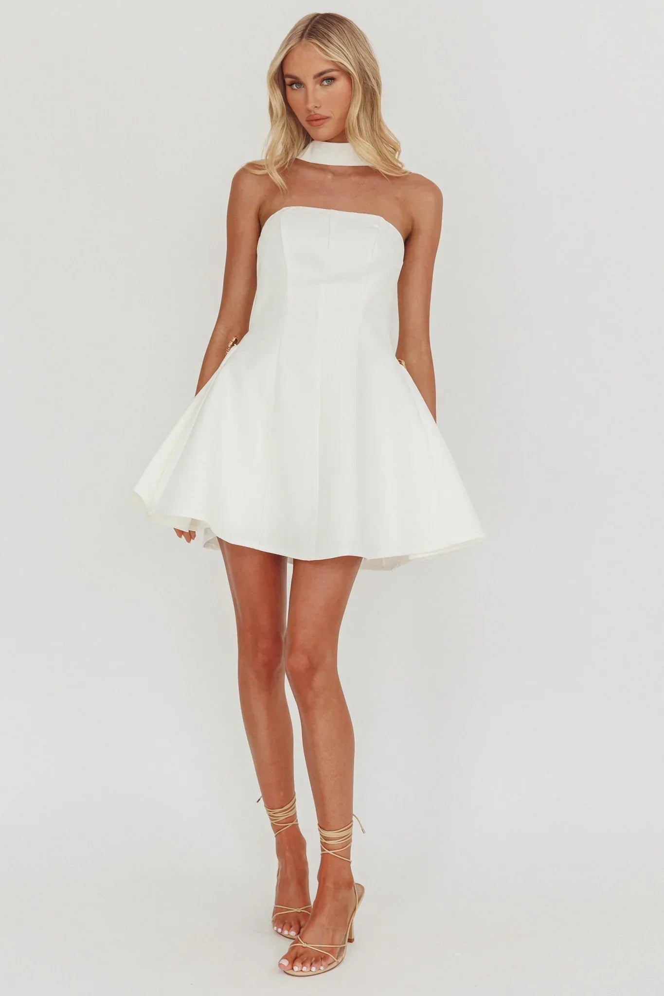 Annora Strapless Gold Button Mini Dress White