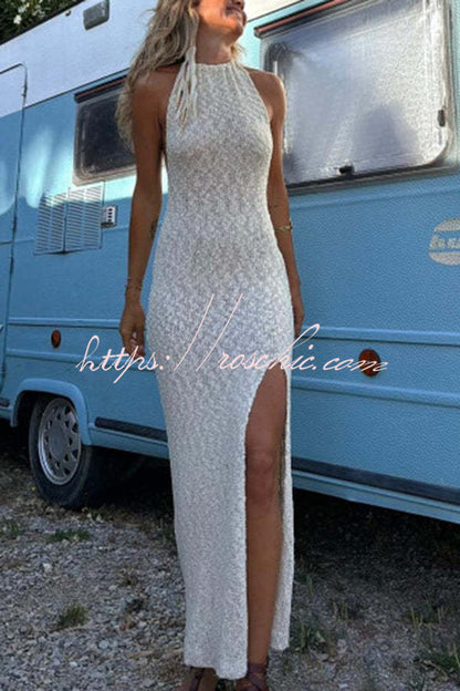 Sexy Backless Halter Neck Slim High Slit Knit Maxi Dress