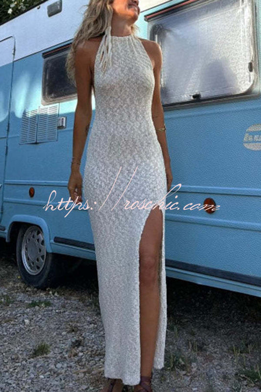 Sexy Backless Halter Neck Slim High Slit Knit Maxi Dress