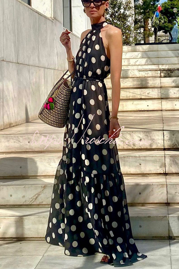 Charming Idea Polka Dots Belted Halter A-line Maxi Dress