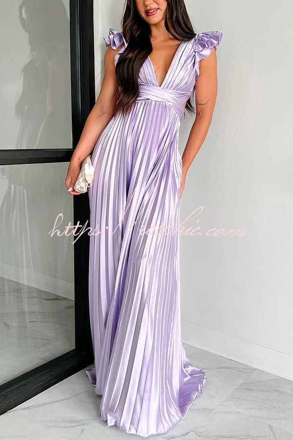 Opulent Occasion Satin Pleated Ruffle Sleeve Back Lace-up Maxi Dress