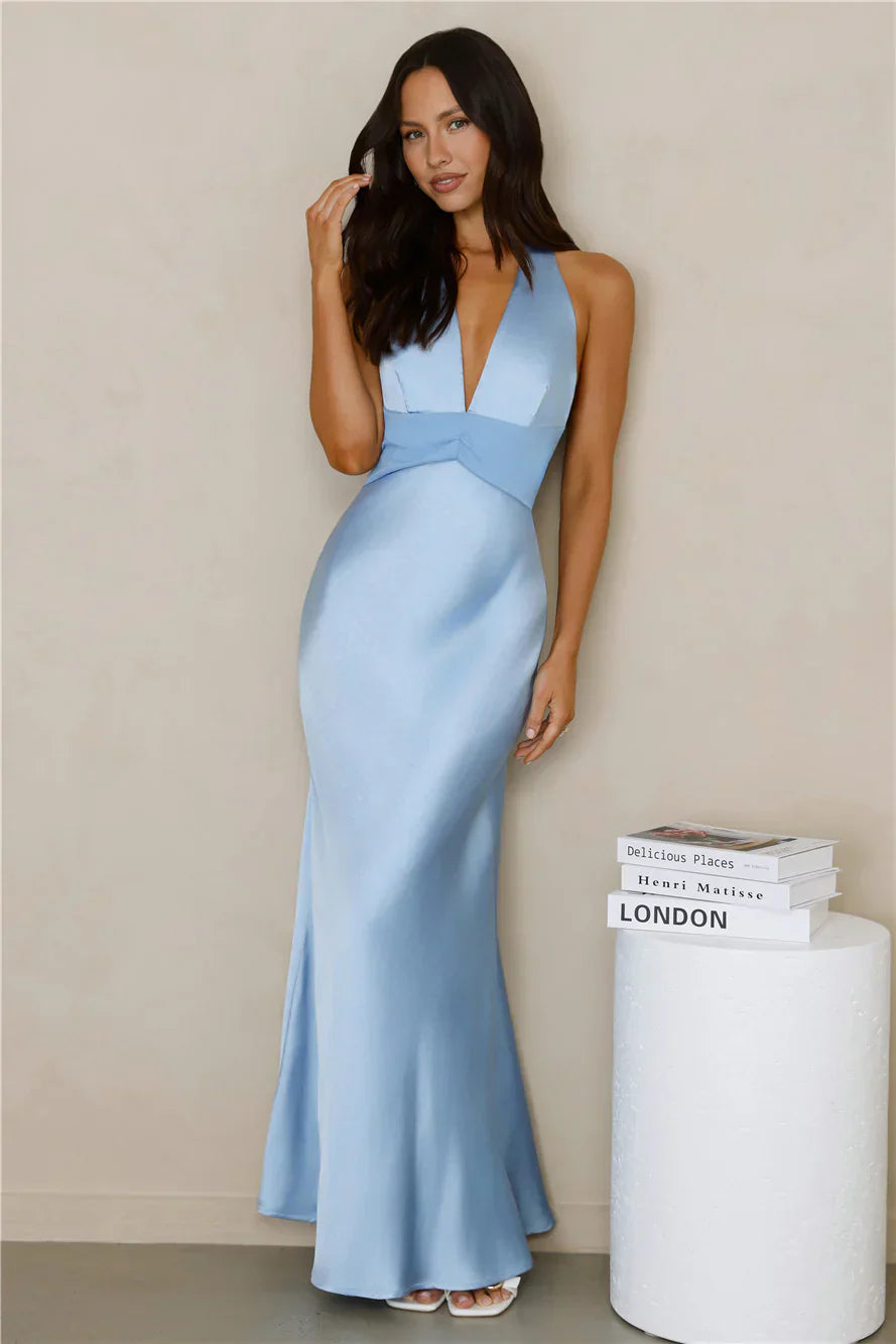 Spiced Sunset Satin Halter Maxi Dress