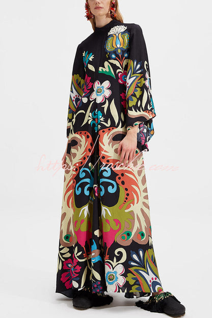 Shine The Light Unique Printed High Neck Bell Sleeve Loose Maxi Dress