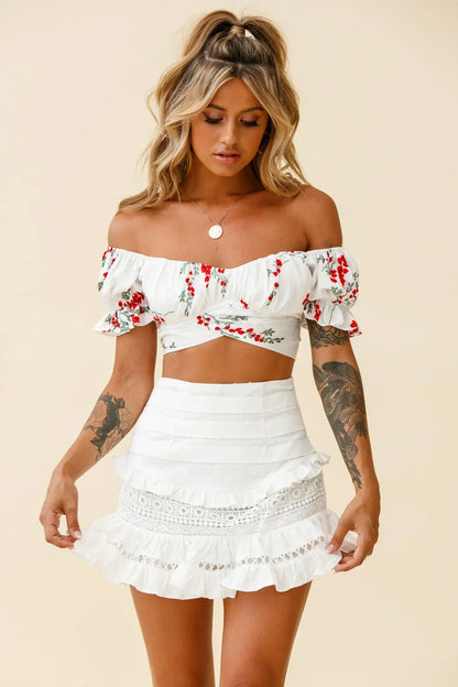 Perfect Timing Pleated Waist Frill Trim Mini Skirt White