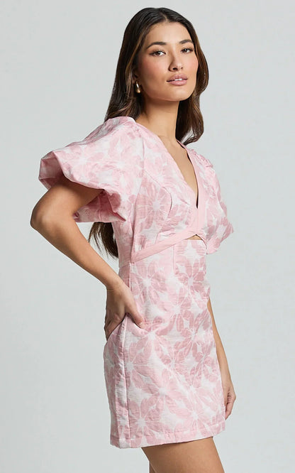Diana Mini Dress - Jacquard Short Sleeve Cut Out Dress in Light Pink