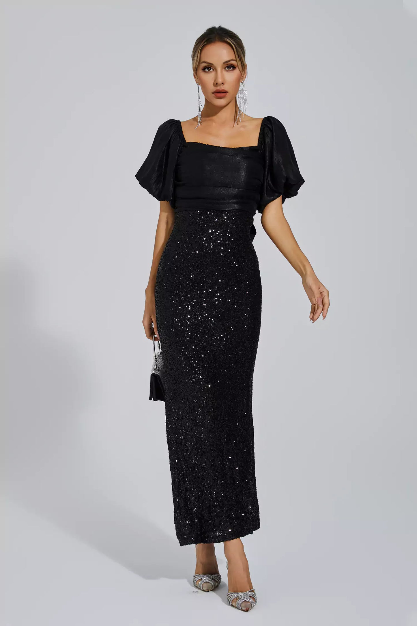 Linda Black Bow Sequins Maxi Dress