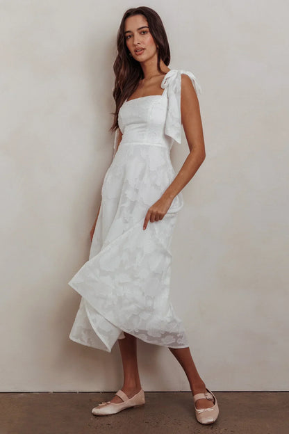 Jeanie Bow Shoulder Midi Dress Embossed White