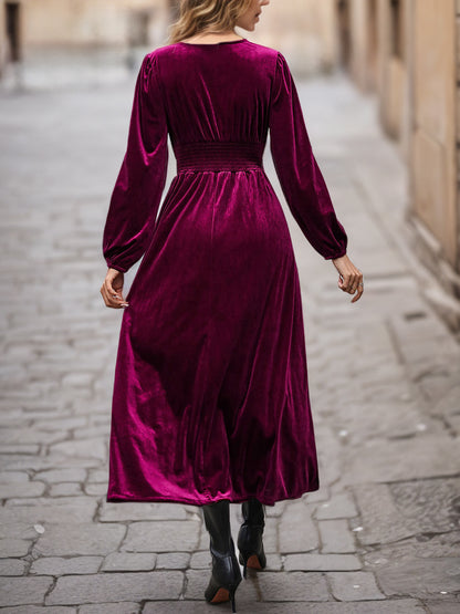 Velvet Dress Scoopped V Neck Long Sleeves Maxi Dresses In Burgundy