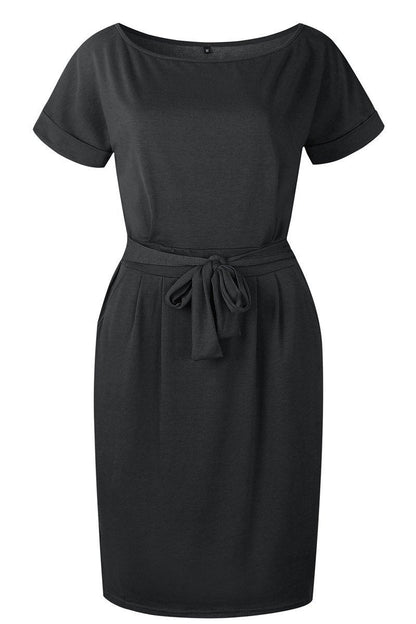 Vestido midi con cuello redondo y cinturón