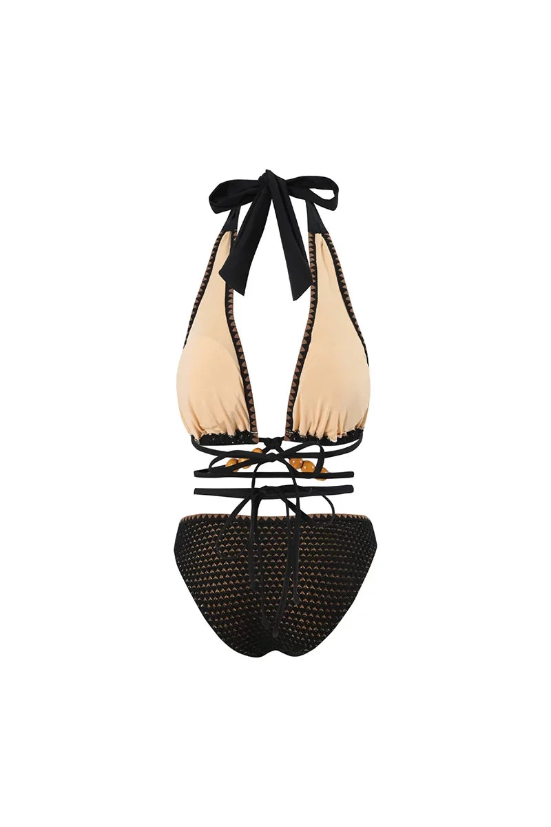 Beaded Knit Tie-String Black Bikini Set