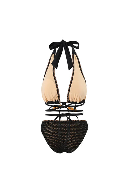 Beaded Knit Tie-String Black Bikini Set