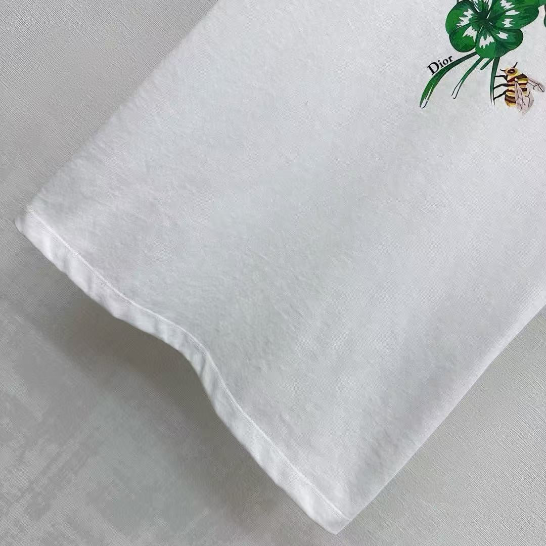 CD Fitted T-Shirt White Cotton Jersey with Green Dior Clover Motif