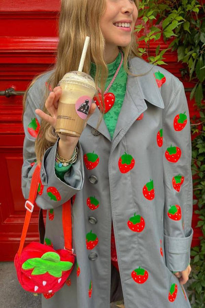 Abrigo largo con estampado de frutas de moda, gabardina color cereza 