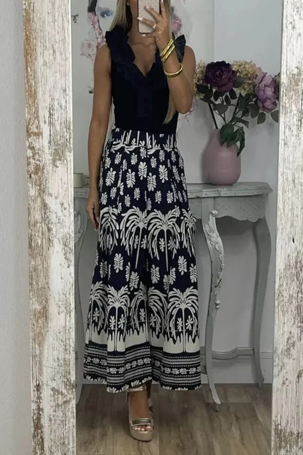 Pantalones anchos de pierna para vacaciones con bolsillo suelto y cintura elástica con estampado único