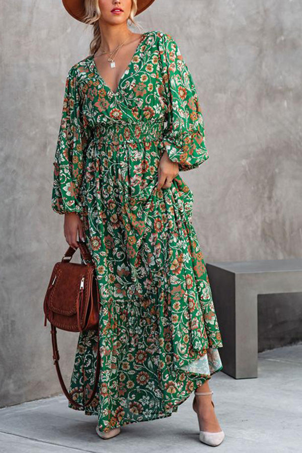 Vestido de moda con cuello en V, manga larga y costuras sin espalda y estampado de farol.