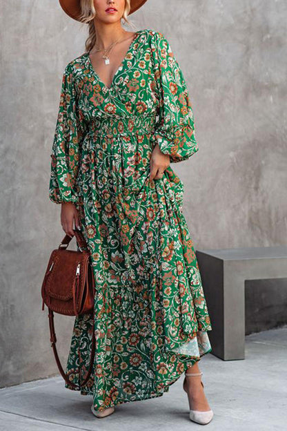 Vestido de moda con cuello en V, manga larga y costuras sin espalda y estampado de farol.