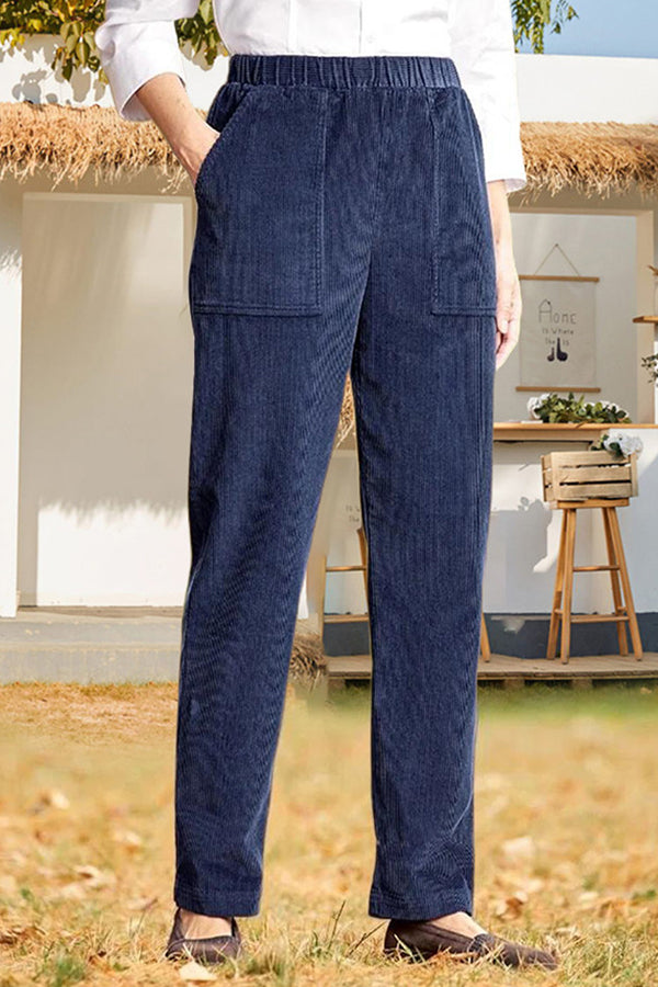Pantalones casuales rectos a rayas con cintura elástica de color sólido
