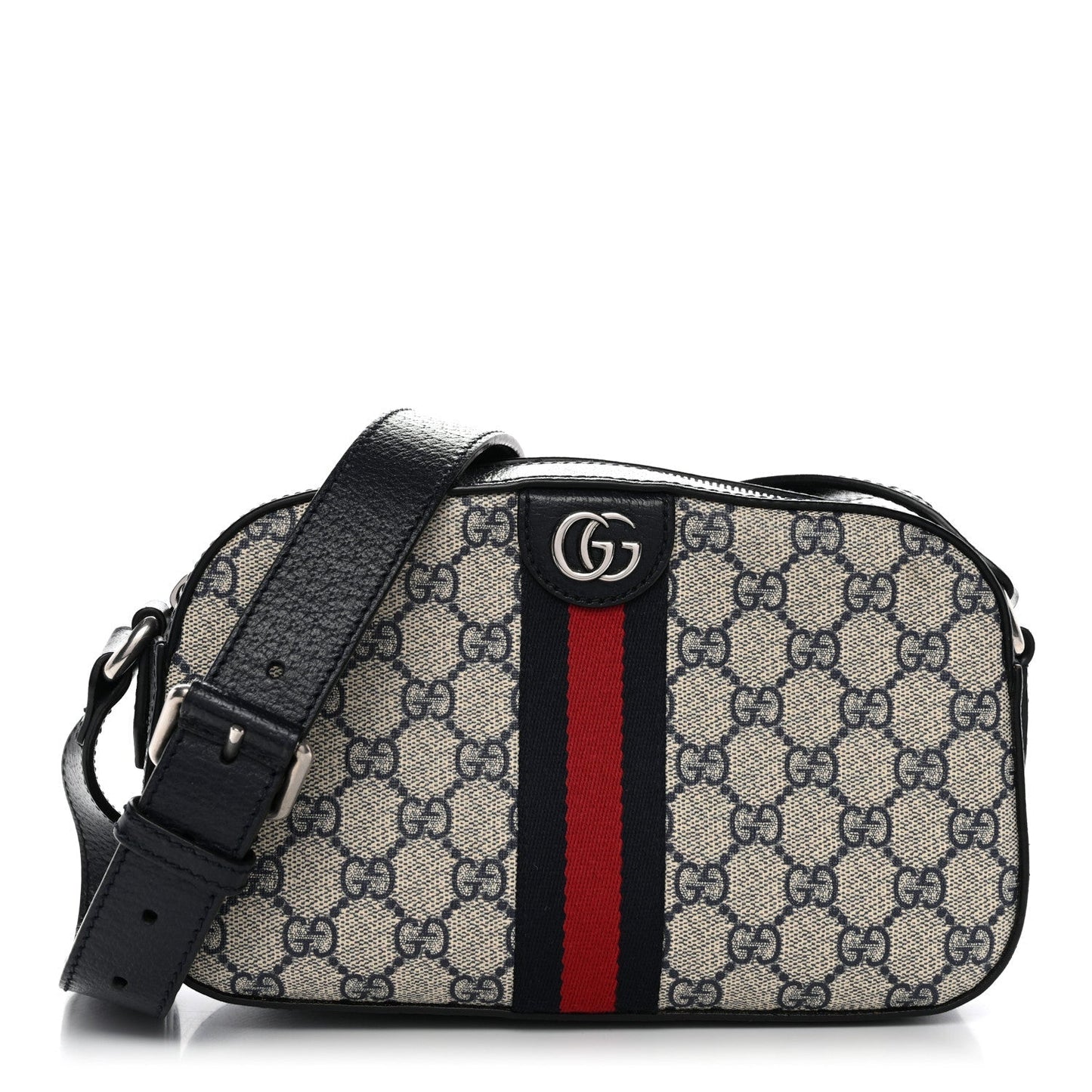 GG Supreme Monogram Textured Dollar Calfskin Web Small Ophidia Camera Bag Beige Blue